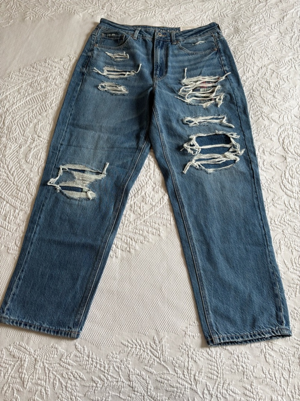 NWT American Eagle mom straight Jean distressed plaid patchwork grunge size 12